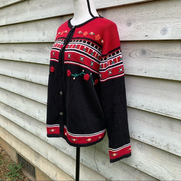 Vintage 90s Red and Black Striped Floral Crochet Crewneck Button Down Sweater - Picture 3 of 16